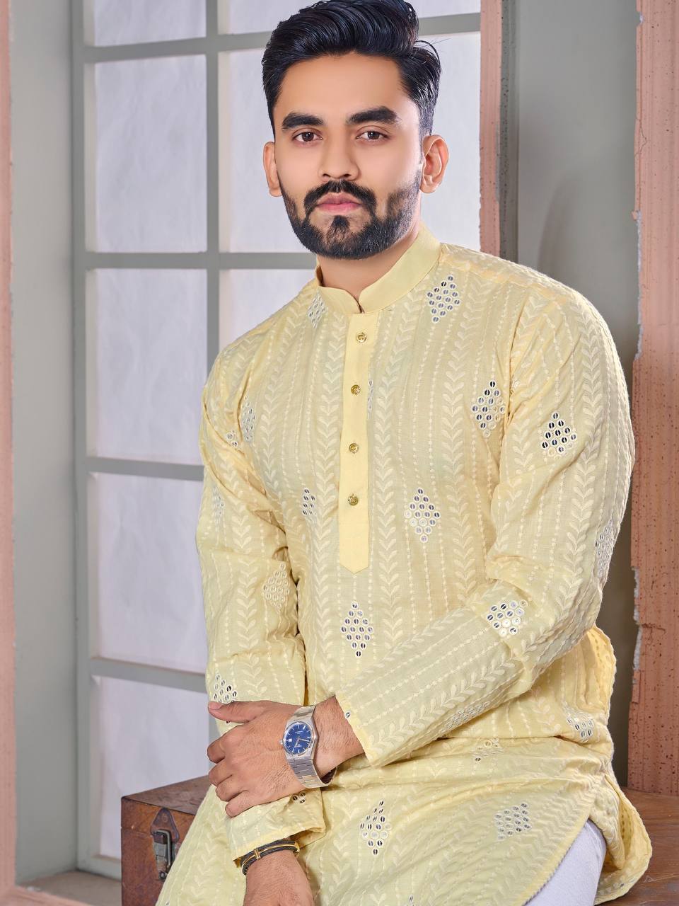 The Classic Light Yellow Sequence Embroidered Work Men's Kurta with Pajama