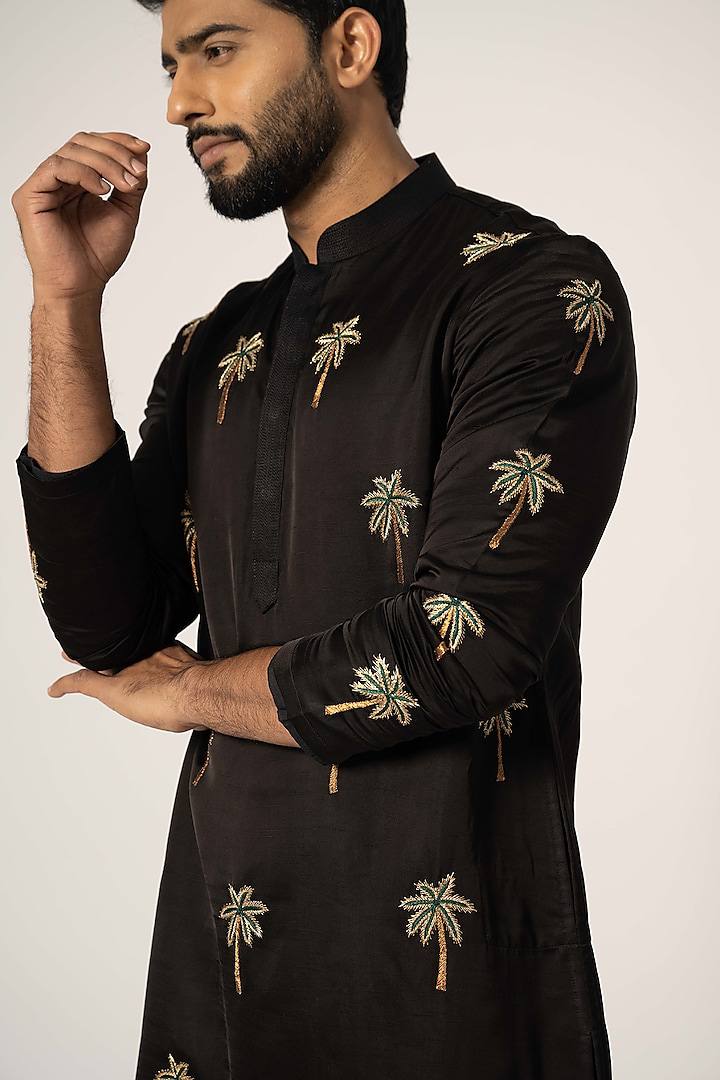 Black Coconut Tree Embroidered Work Men's Kurta with Pajama