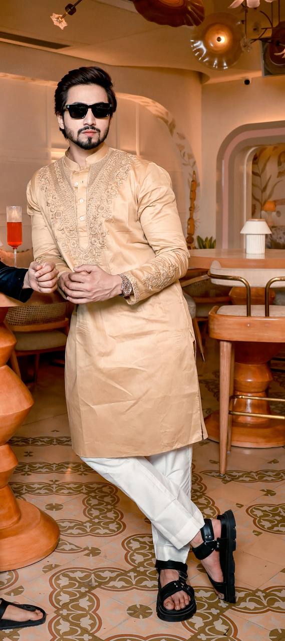 Beige Neck Cotton Embroidered Work Men's Kurta with Pajama