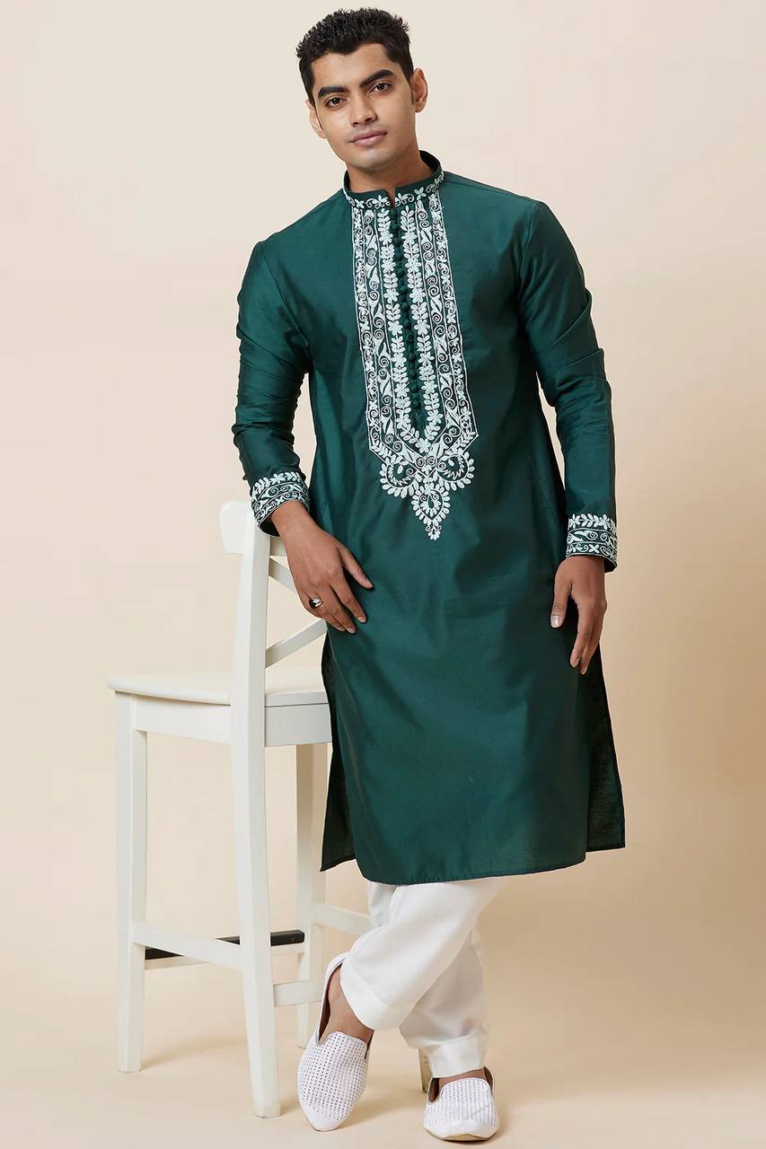 Green Neck Embroidered Work Men's Kurta with Pajama