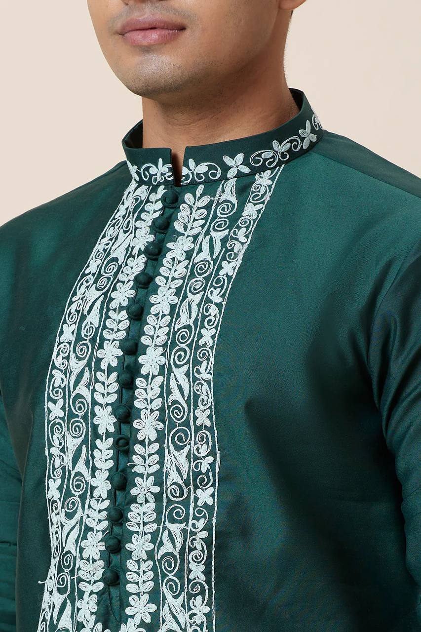 Green Neck Embroidered Work Men's Kurta with Pajama
