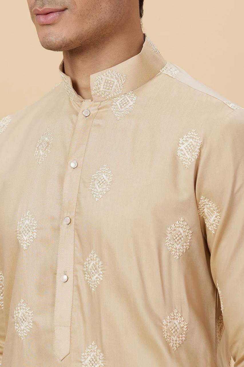 Beige Motif Embroidered Work Men's Kurta with Pajama