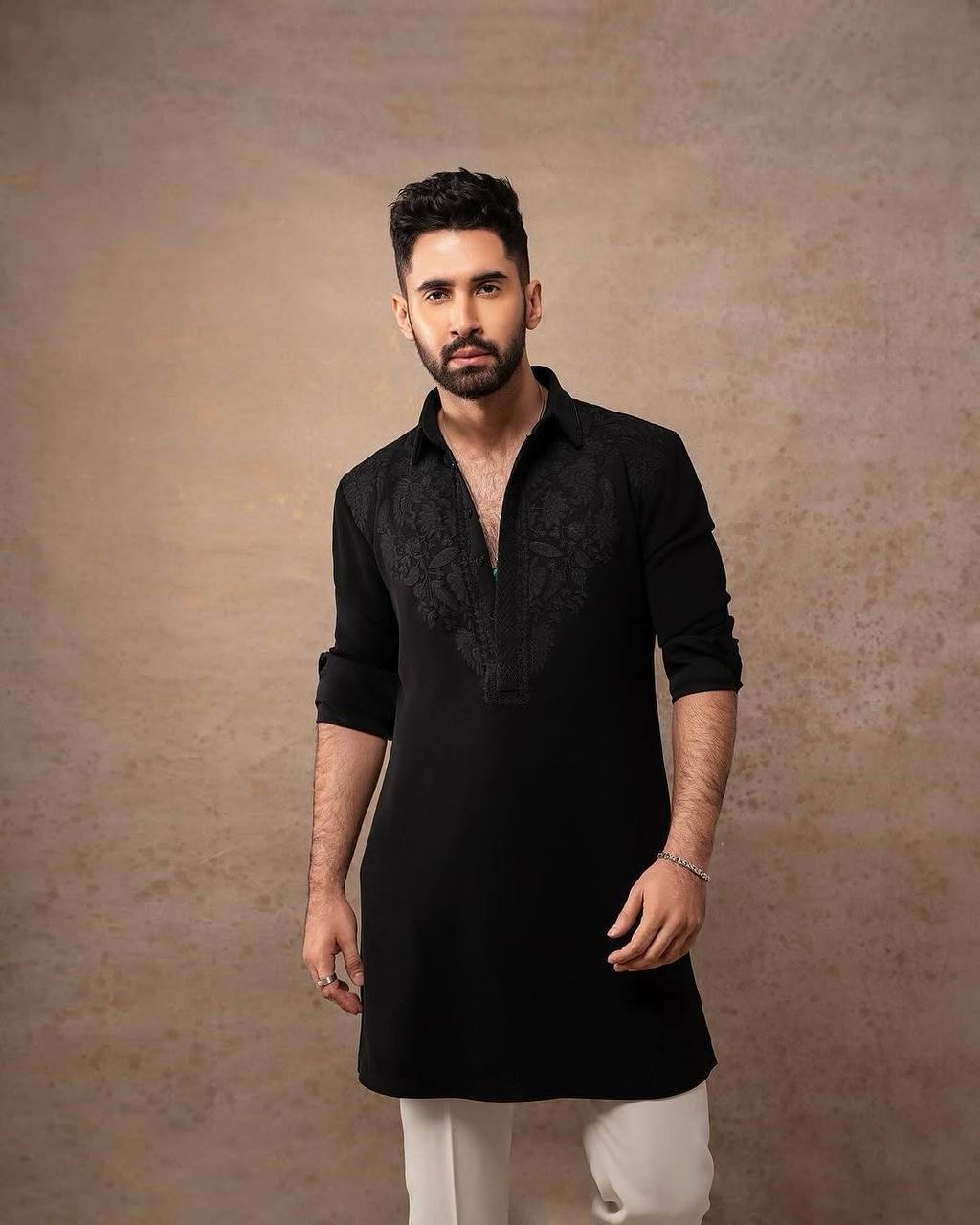 BLACK EMBROIDERED WORK KURTA PAJAMA SET