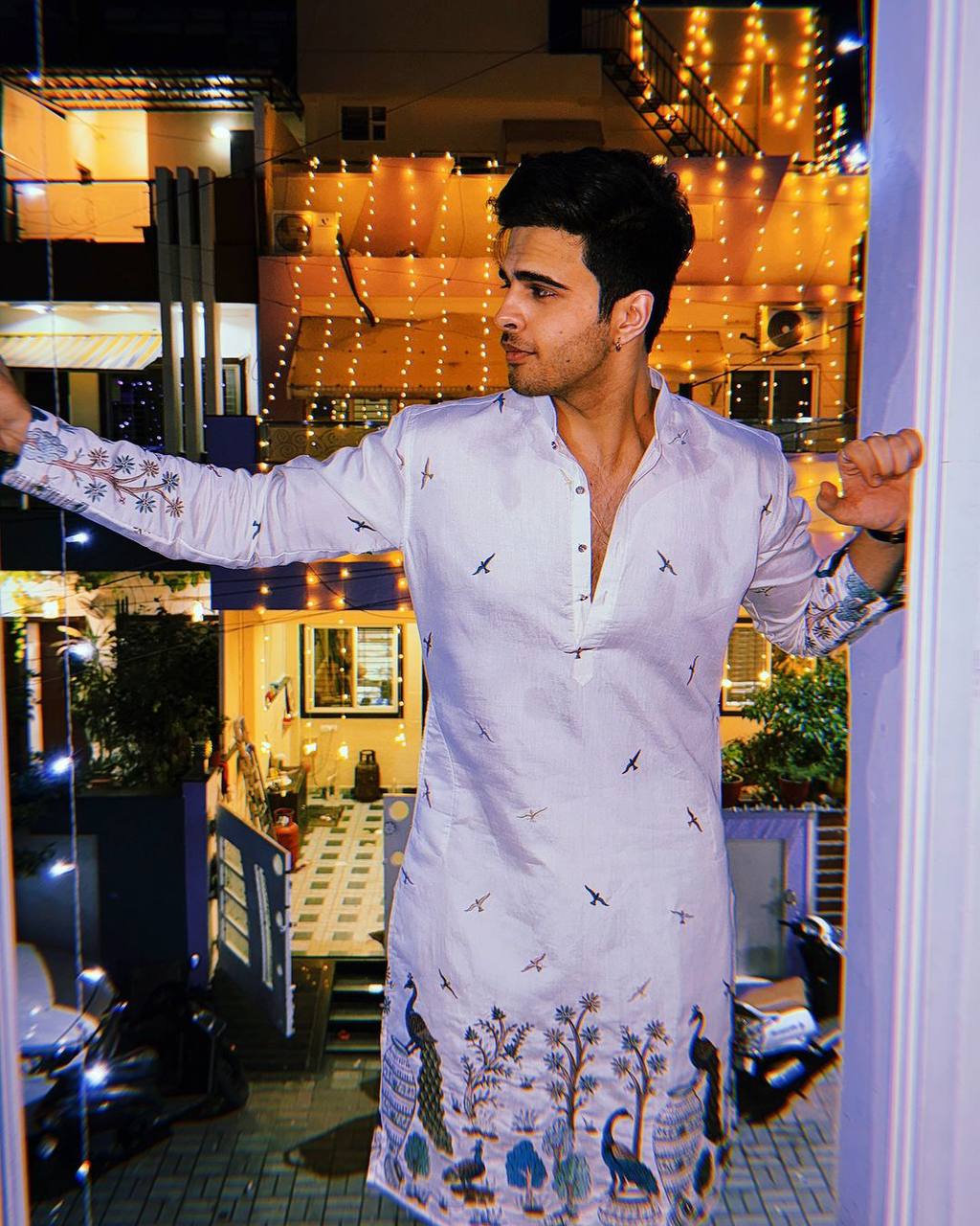 TREE N PEACOCK DAMAN PRINTED WORK KURTA PAJAMA SET FOR MEN'S