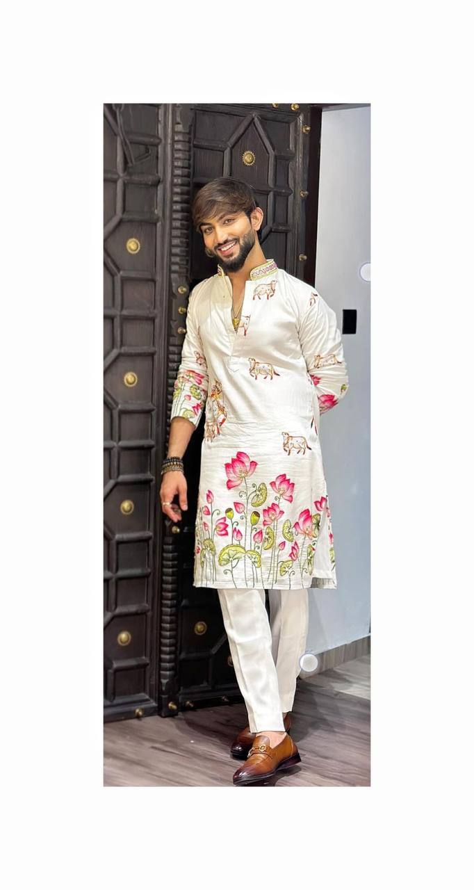 WHITE COW WITH LOTUS PRINTED KURTA SET