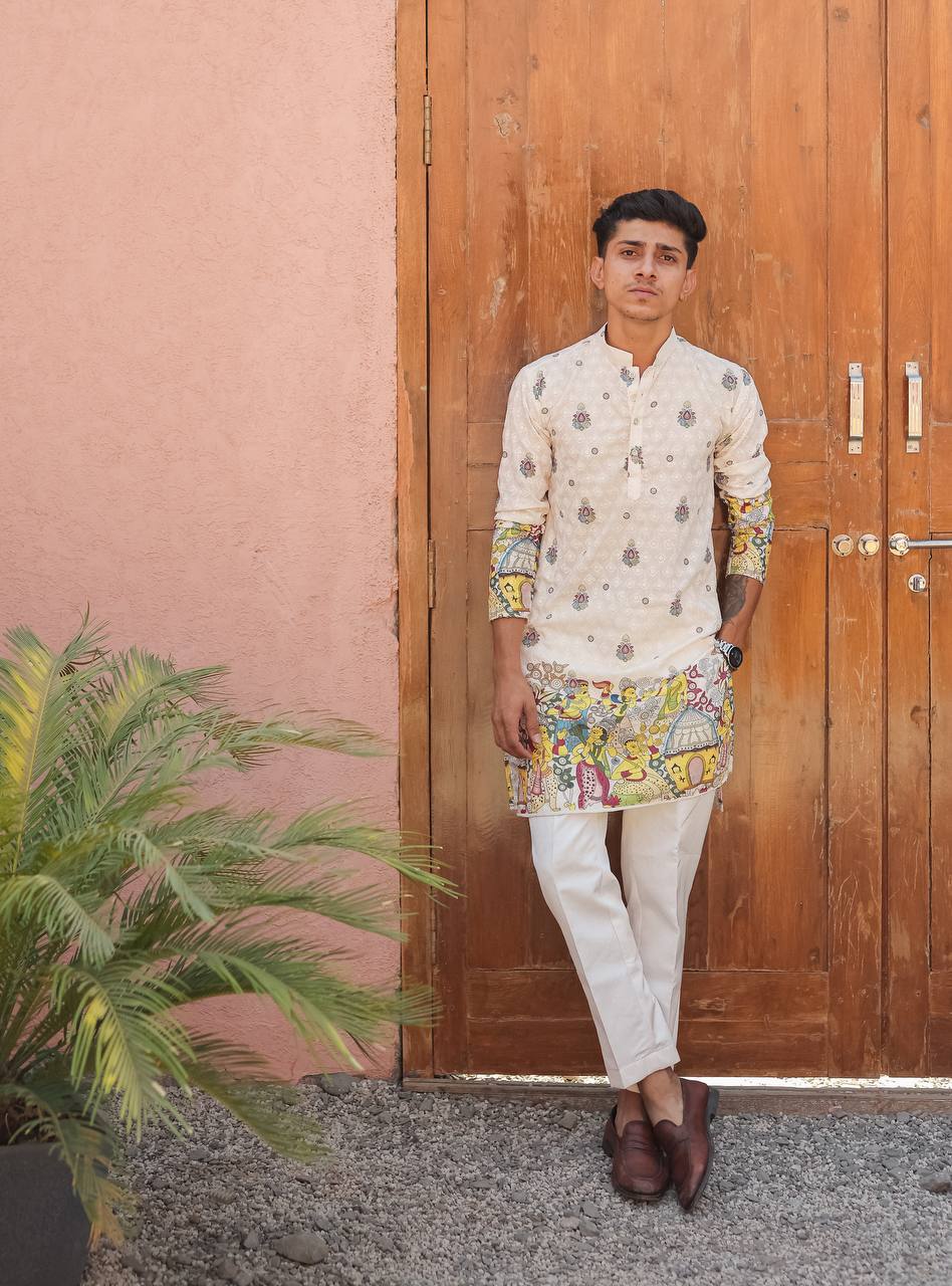 CREAM SCHIFFLI VIRAASAT PRINTRD KURTA WITH PAJAMA
