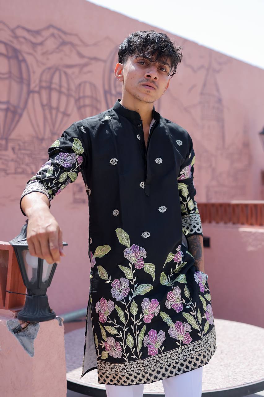 BLACK HEAVY FLORAL SEQUENCE EMBROIDERED KURTA WITH PAJAMA