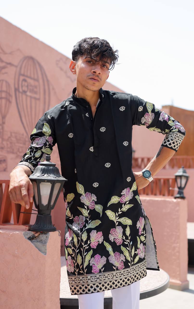 BLACK HEAVY FLORAL SEQUENCE EMBROIDERED KURTA WITH PAJAMA