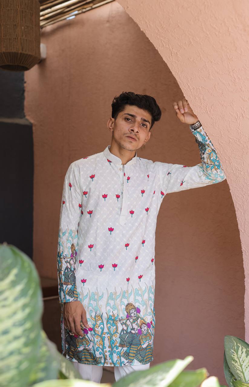 OFF WHITH SCHIFFLI RADHA KRISHNA PRINTRD KURTA WITH PAJAMA