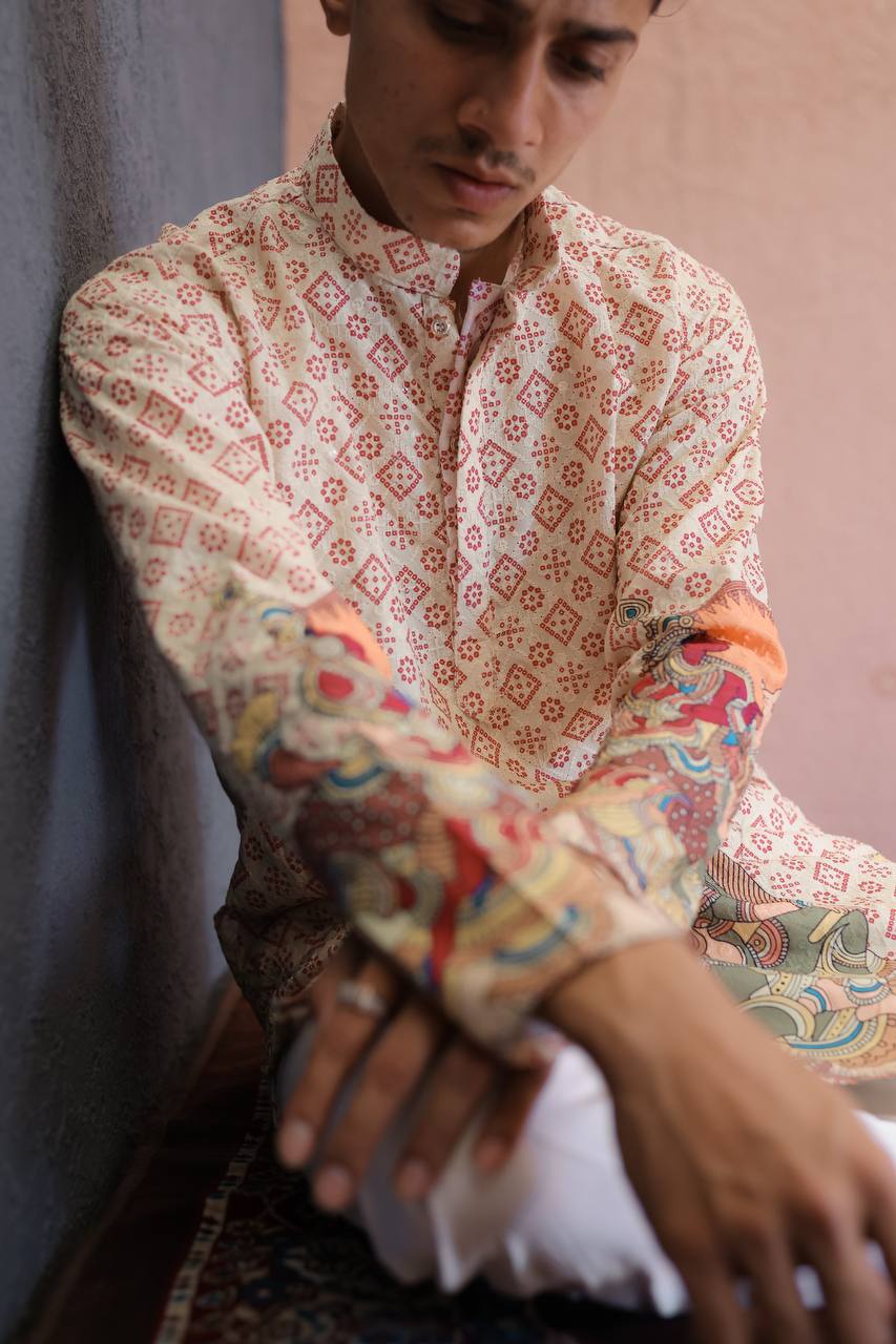 BEIGE SCHIFFLI RAJA RANI BANDHANI PRINTRD KURTA WITH PAJAMA