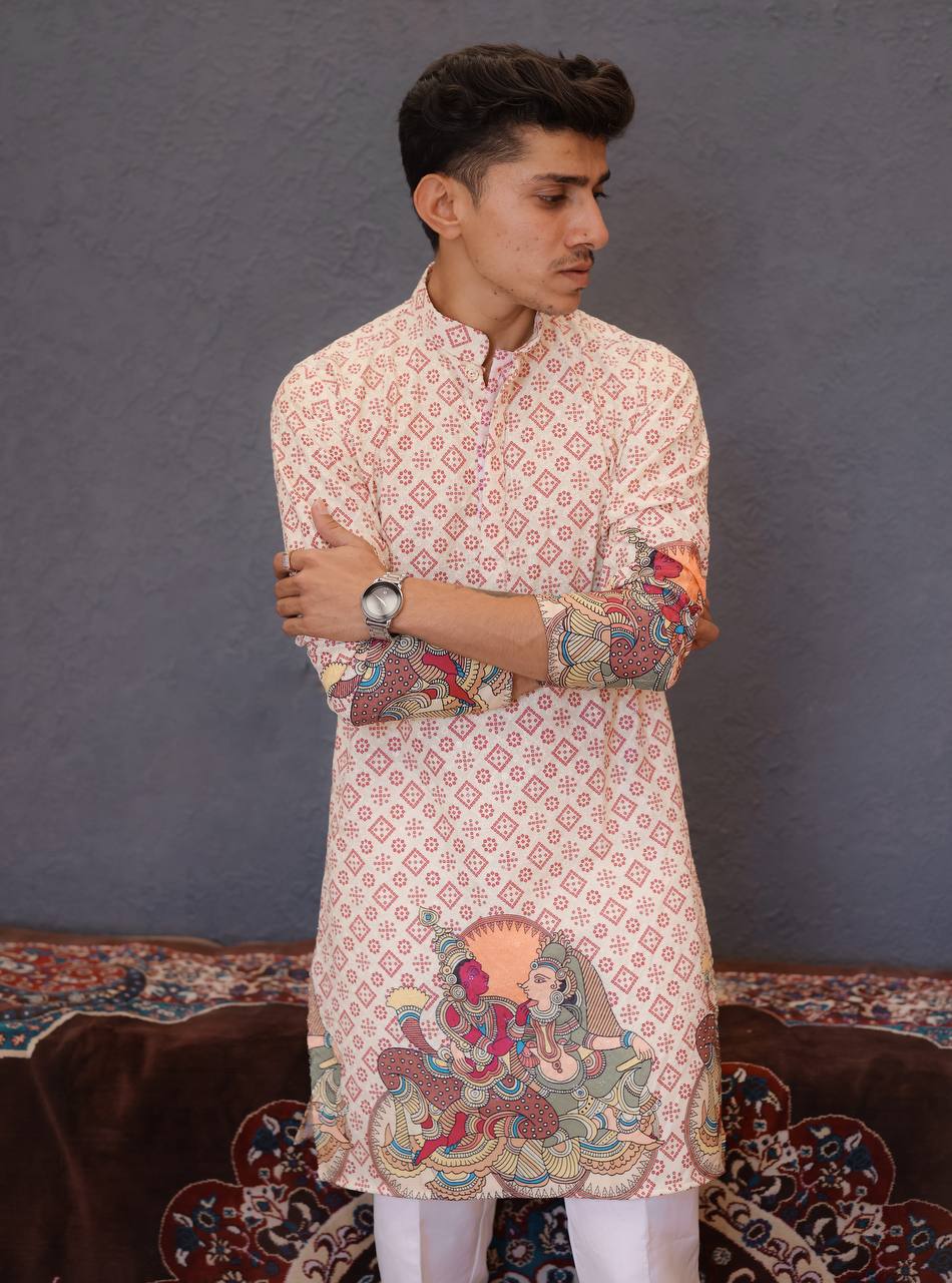 BEIGE SCHIFFLI RAJA RANI BANDHANI PRINTRD KURTA WITH PAJAMA