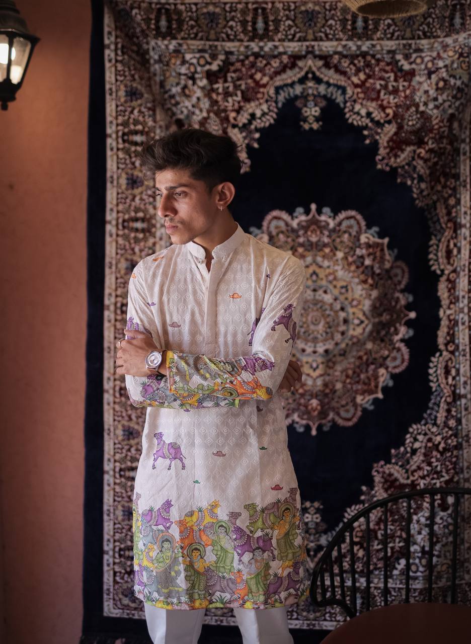 CREAM SCHIFFLI COW MOTIF PRINTRD KURTA WITH PAJAMA