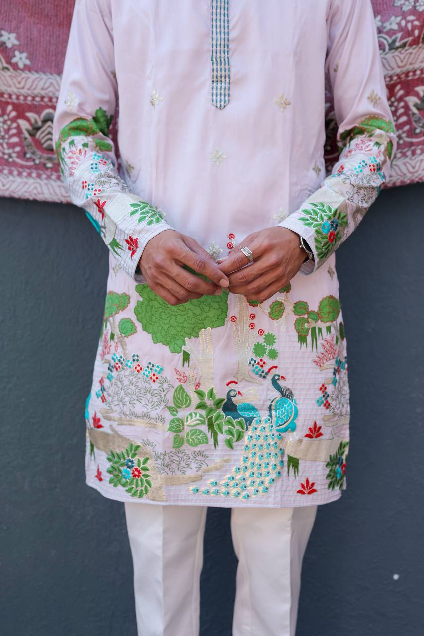 LIGHT PURPLE HEAVY PEACOCK EMBROIDERED KURTA WITH PAJAMA