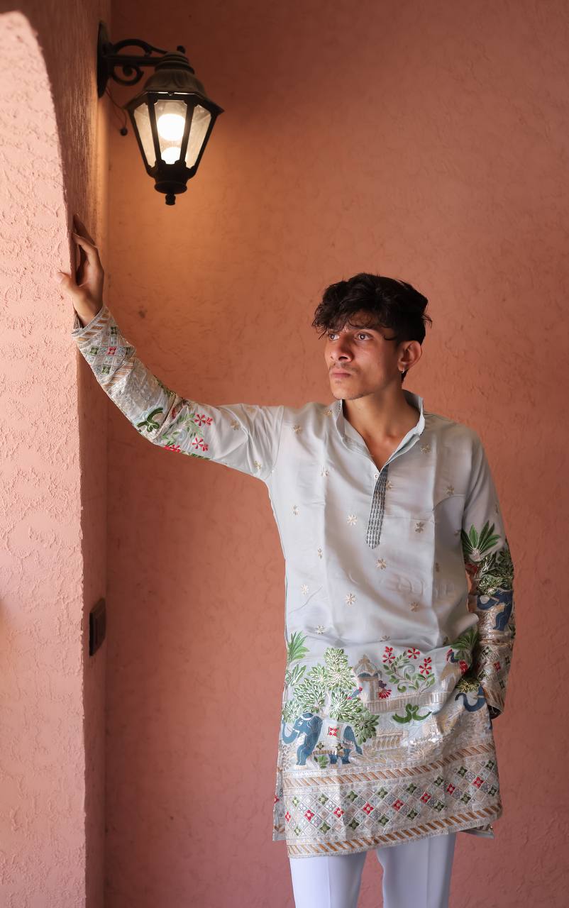 SKY BLUE HEAVY ELEPHANT EMBROIDERED KURTA WITH PAJAMA