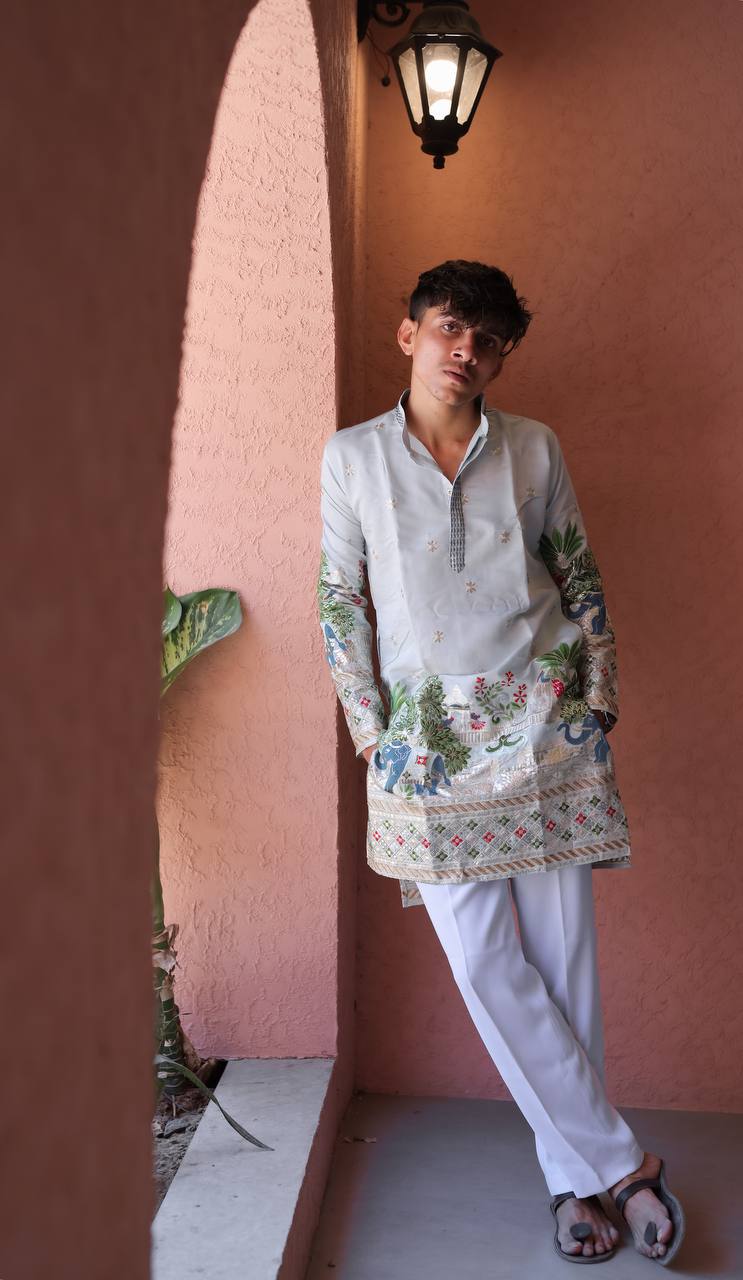 SKY BLUE HEAVY ELEPHANT EMBROIDERED KURTA WITH PAJAMA