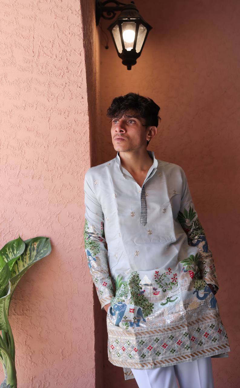 SKY BLUE HEAVY ELEPHANT EMBROIDERED KURTA WITH PAJAMA