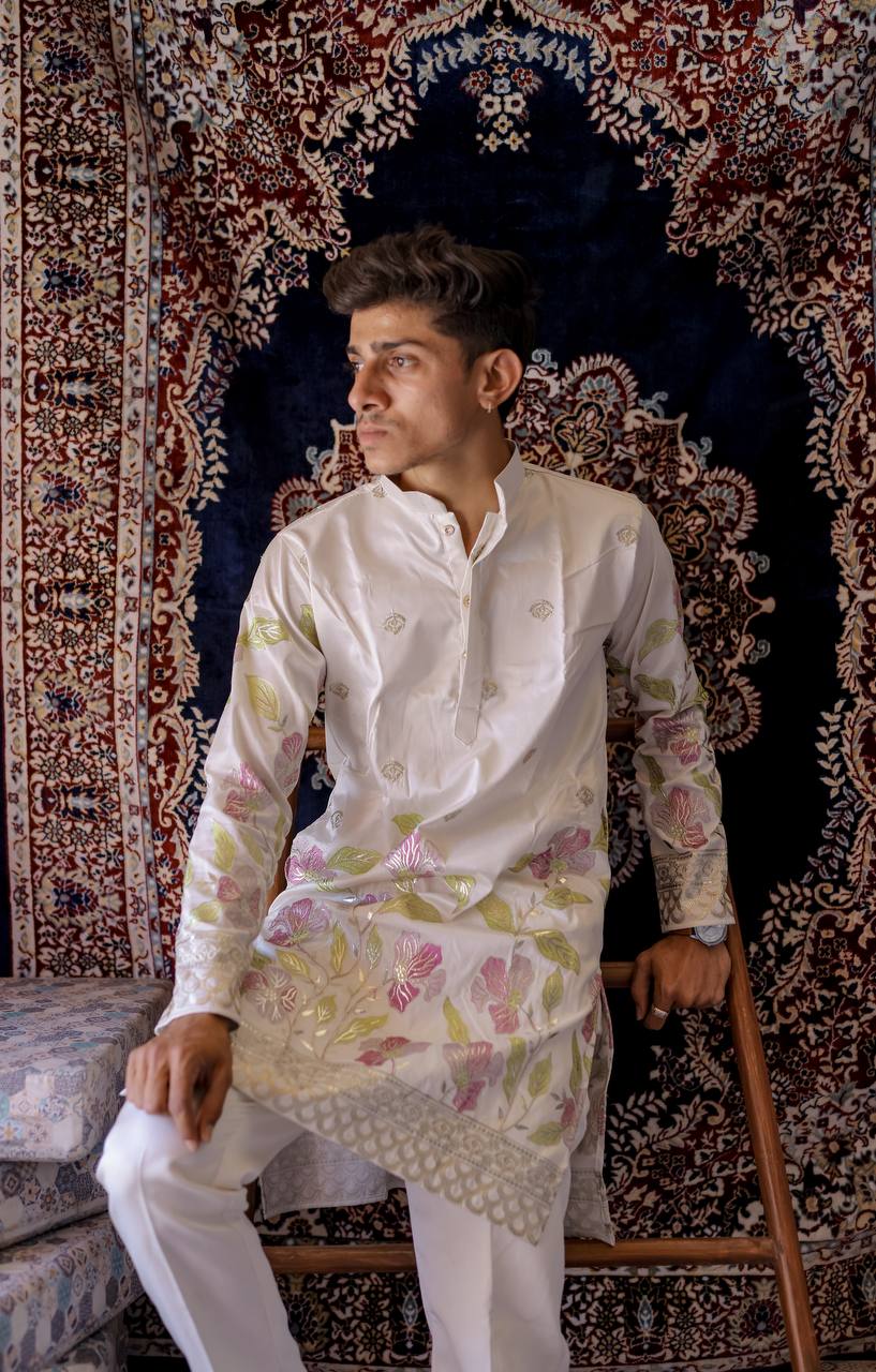 OFF WHITH HEAVY FLORAL SEQUENCE EMBROIDERED KURTA WITH PAJAMA