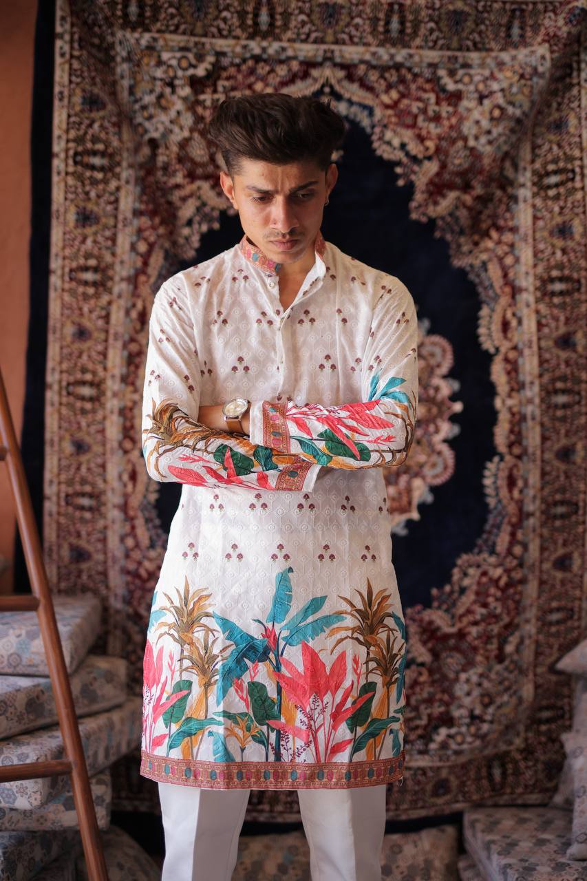 WHITE SCHIFFLI LEAF PRINTRD KURTA WITH PAJAMA