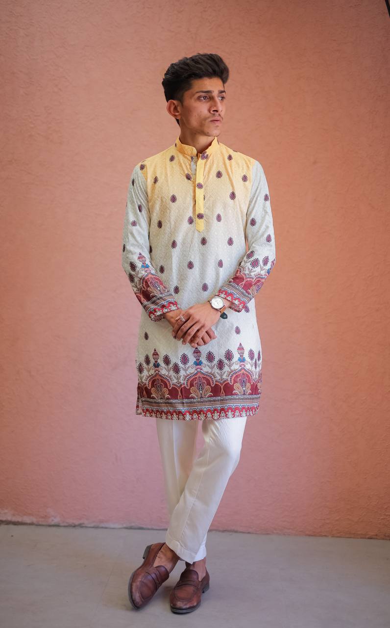 SHADED YELLOW SCHIFFLI DAMAN MOTIF PRINTRD KURTA WITH PAJAMA