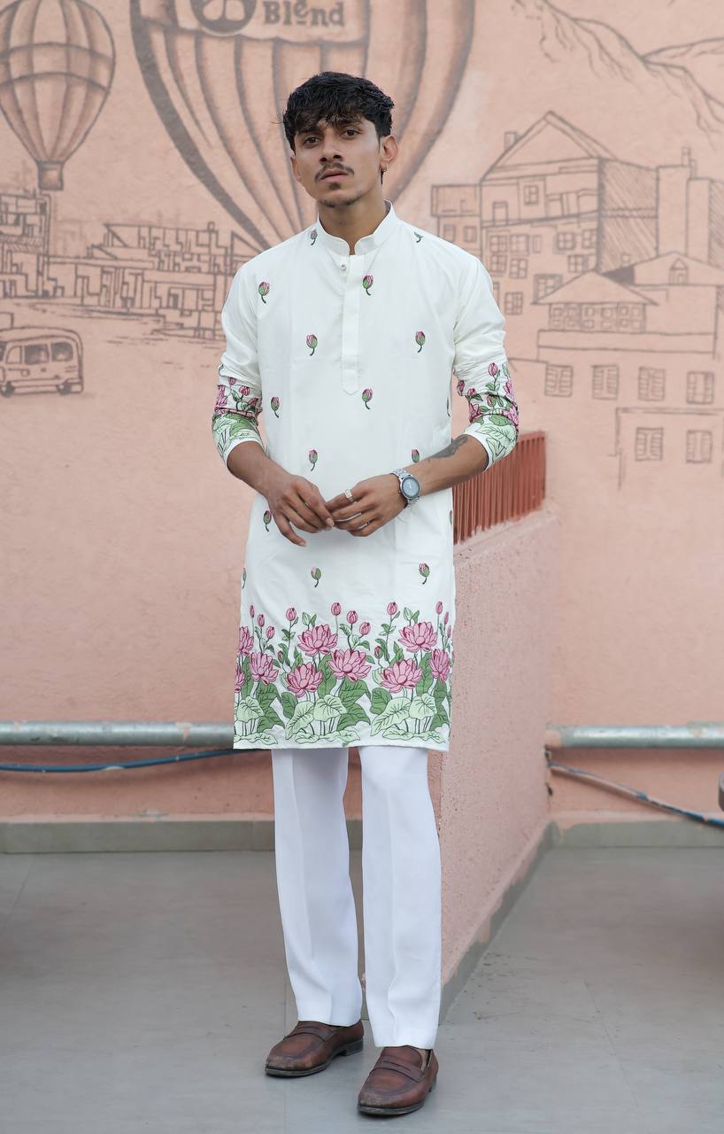 OFF WHITE LOTUS HEAVY FLORAL EMBROIDERED KURTA WITH PAJAMA