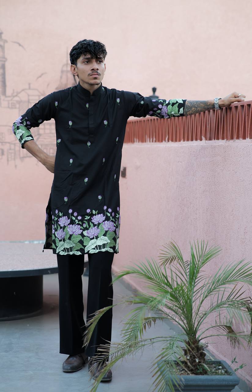 BLACK PURPLE LOTUS HEAVY FLORAL EMBROIDERED KURTA WITH PAJAMA