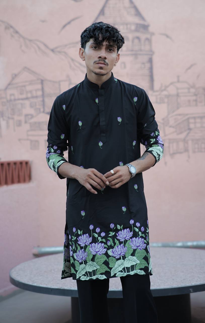 BLACK PURPLE LOTUS HEAVY FLORAL EMBROIDERED KURTA WITH PAJAMA