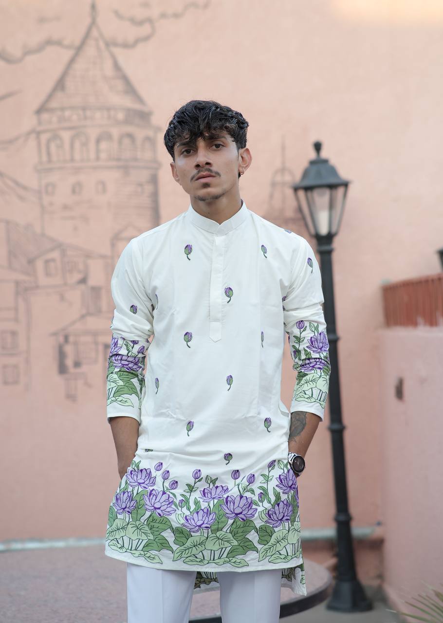 OFF WHITE PURPLE LOTUS HEAVY FLORAL EMBROIDERED KURTA WITH PAJAMA