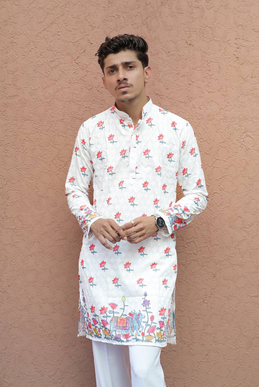 WHITE COW WITH LOTUS SCHIFFLI DAMAN PRINTRD KURTA WITH PAJAMA SET
