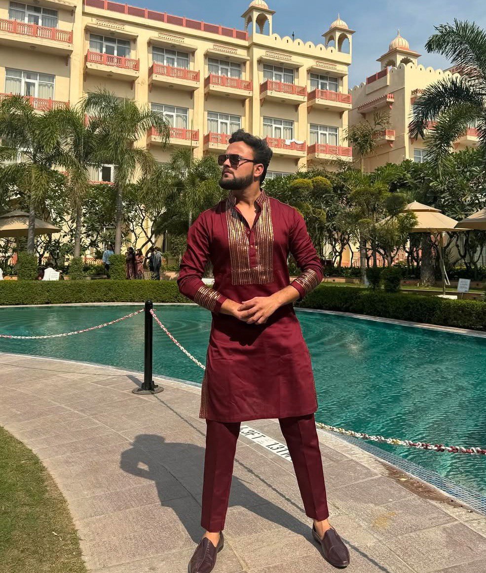 MARRON NECK EMBROIDERED WORK KURTA PAJAMA SET FOR MEN'S