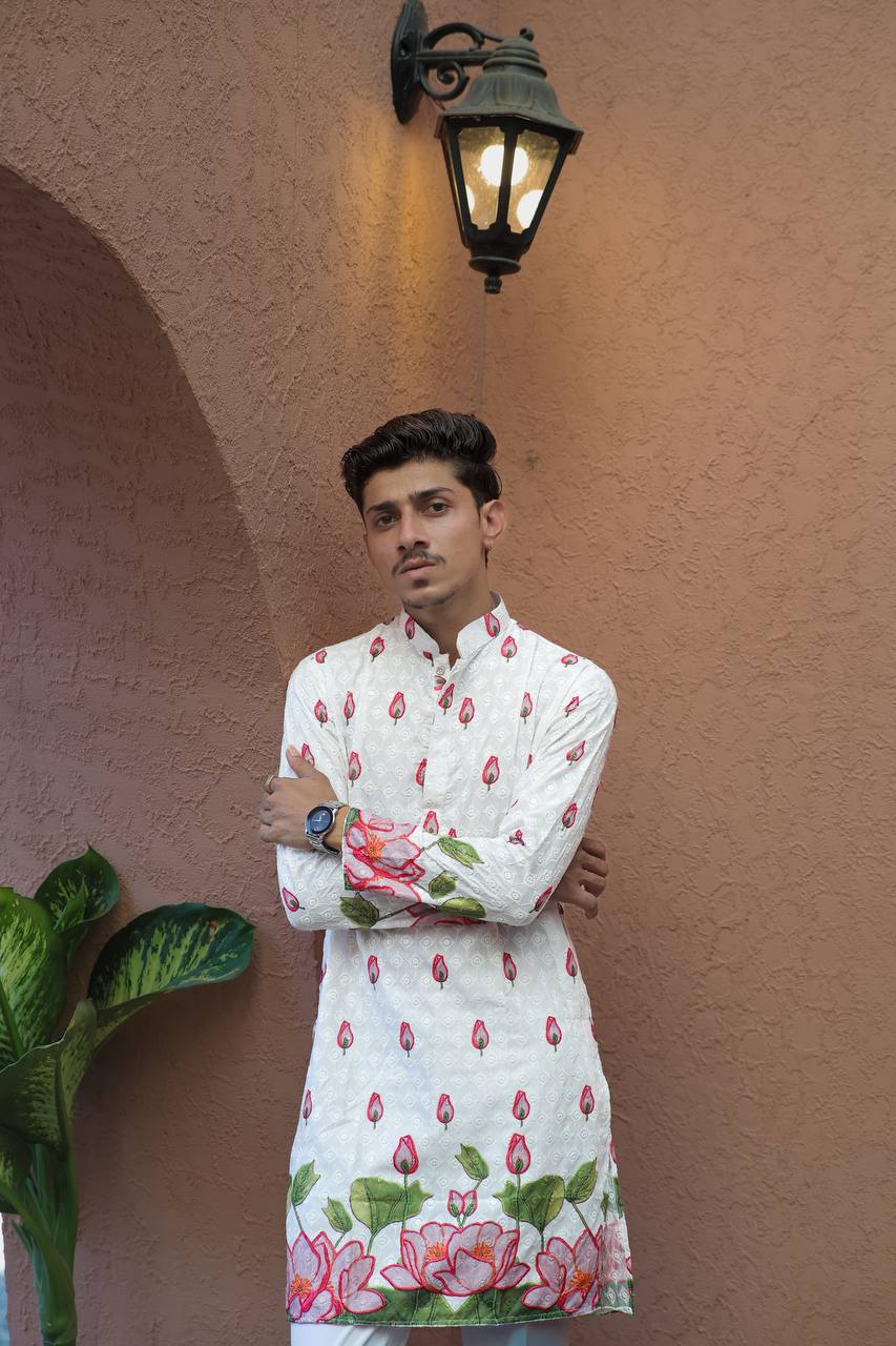 PINK LOTUS SCHIFFLI DAMAN PRINTRD KURTA WITH PAJAMA