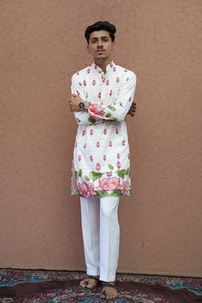 PINK LOTUS SCHIFFLI DAMAN PRINTRD KURTA WITH PAJAMA