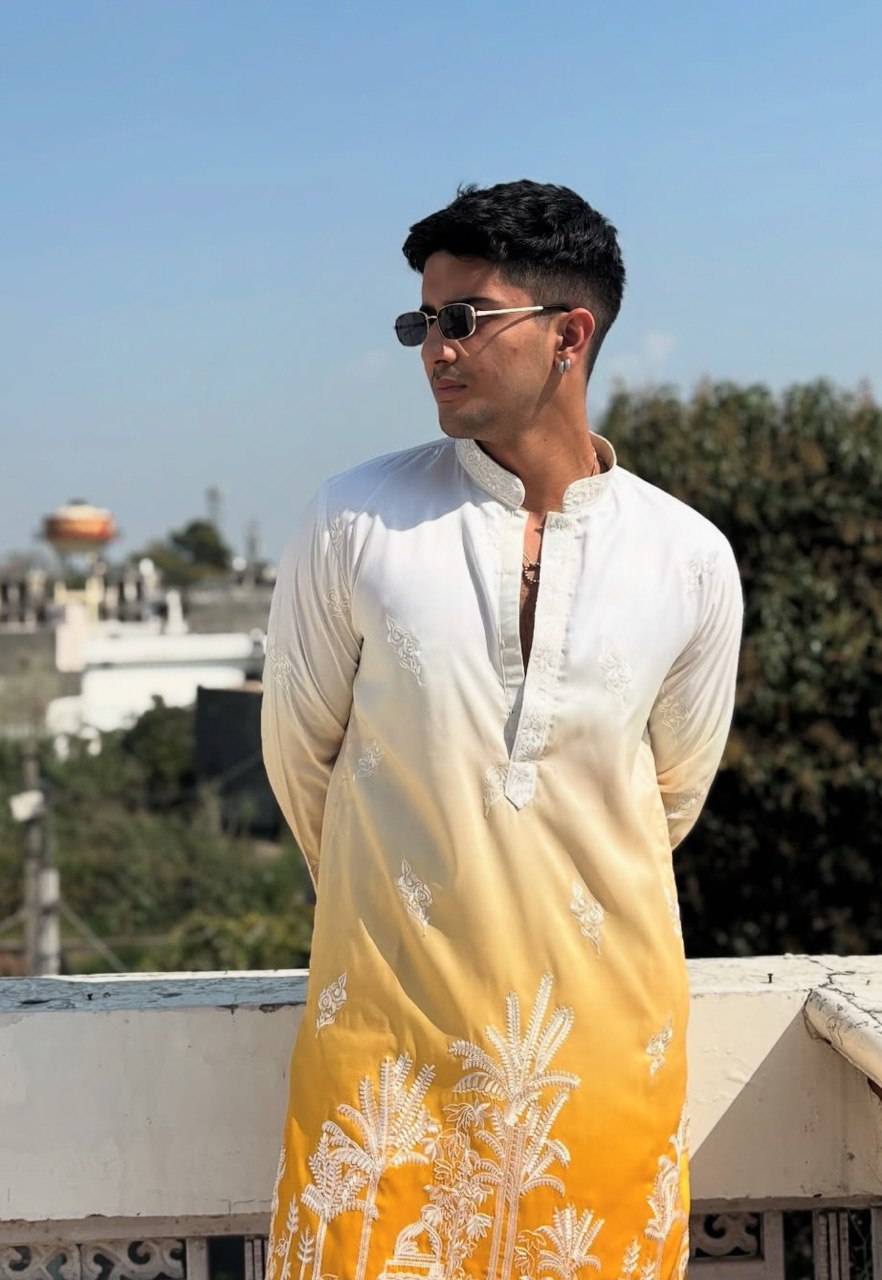 YELLOW & WHITE OMBRE EMBROIDERED WORK KURTA PAJAMA SET FOR MEN'S