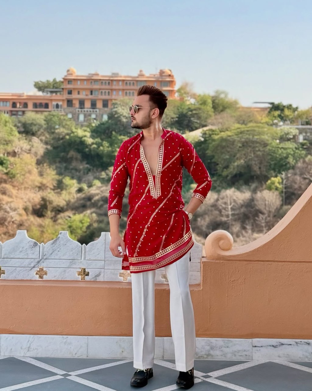 HOT RED OPEN V NECK EMBROIDERED WORK KURTA PAJAMA SET FOR MEN'S