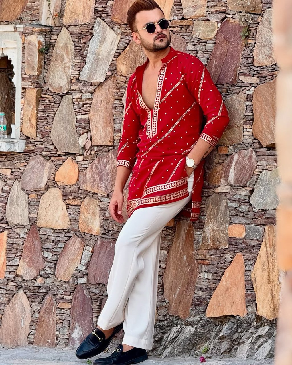 HOT RED OPEN V NECK EMBROIDERED WORK KURTA PAJAMA SET FOR MEN'S