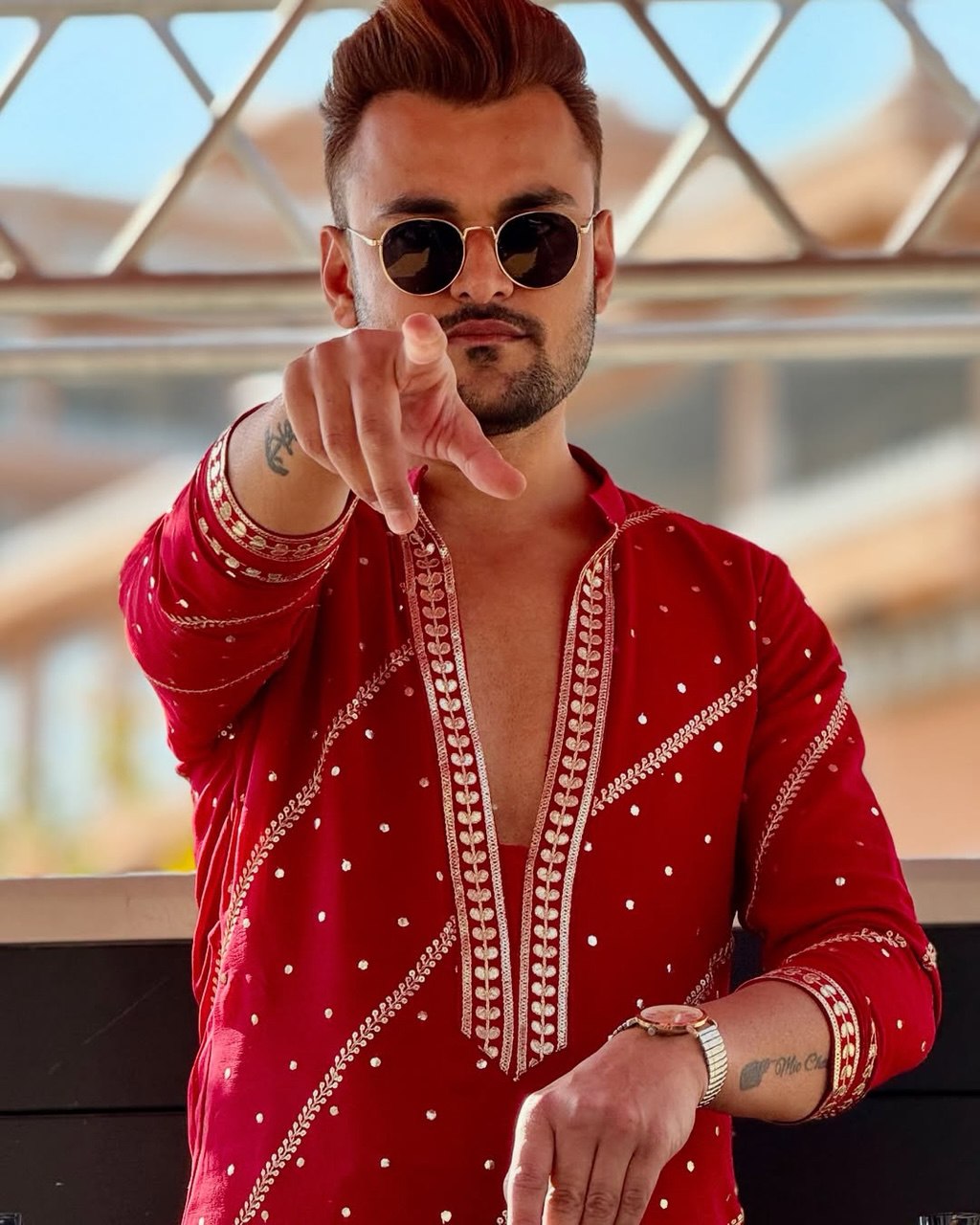 HOT RED OPEN V NECK EMBROIDERED WORK KURTA PAJAMA SET FOR MEN'S