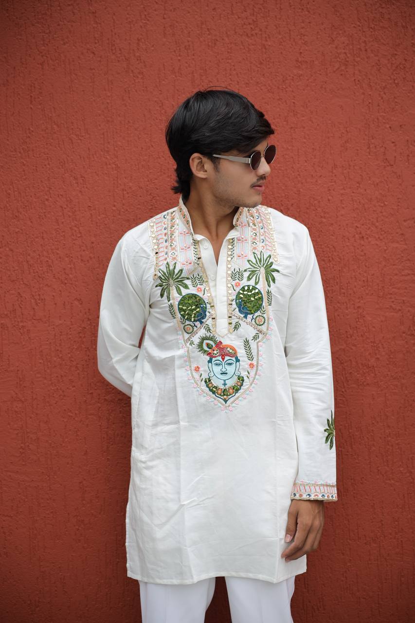 Shrinathji Motifs & Peacock Mirror Embroidered Festive Kurta