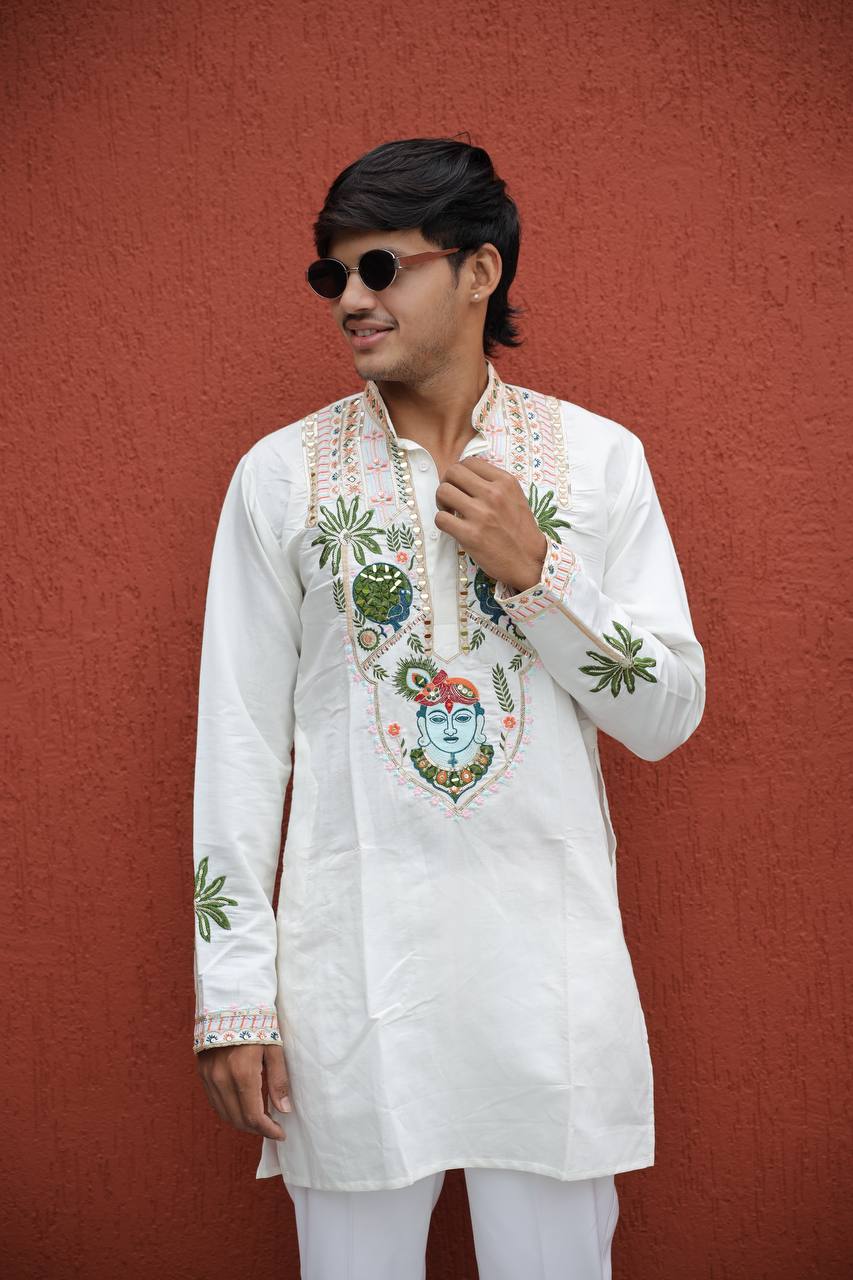 Shrinathji Motifs & Peacock Mirror Embroidered Festive Kurta