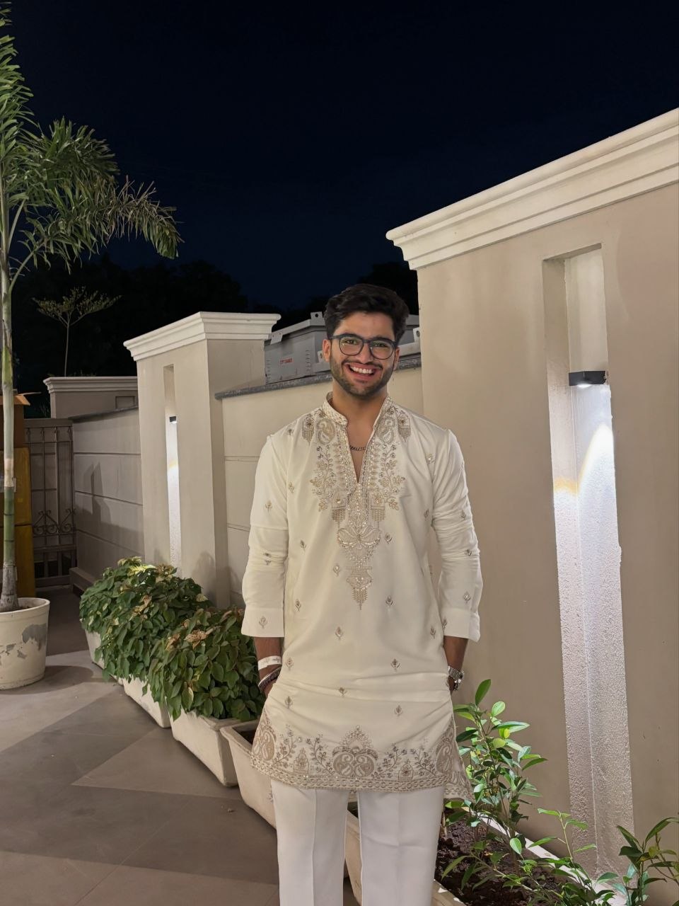Off White Gold Thread work Silk Kurta Set for Men