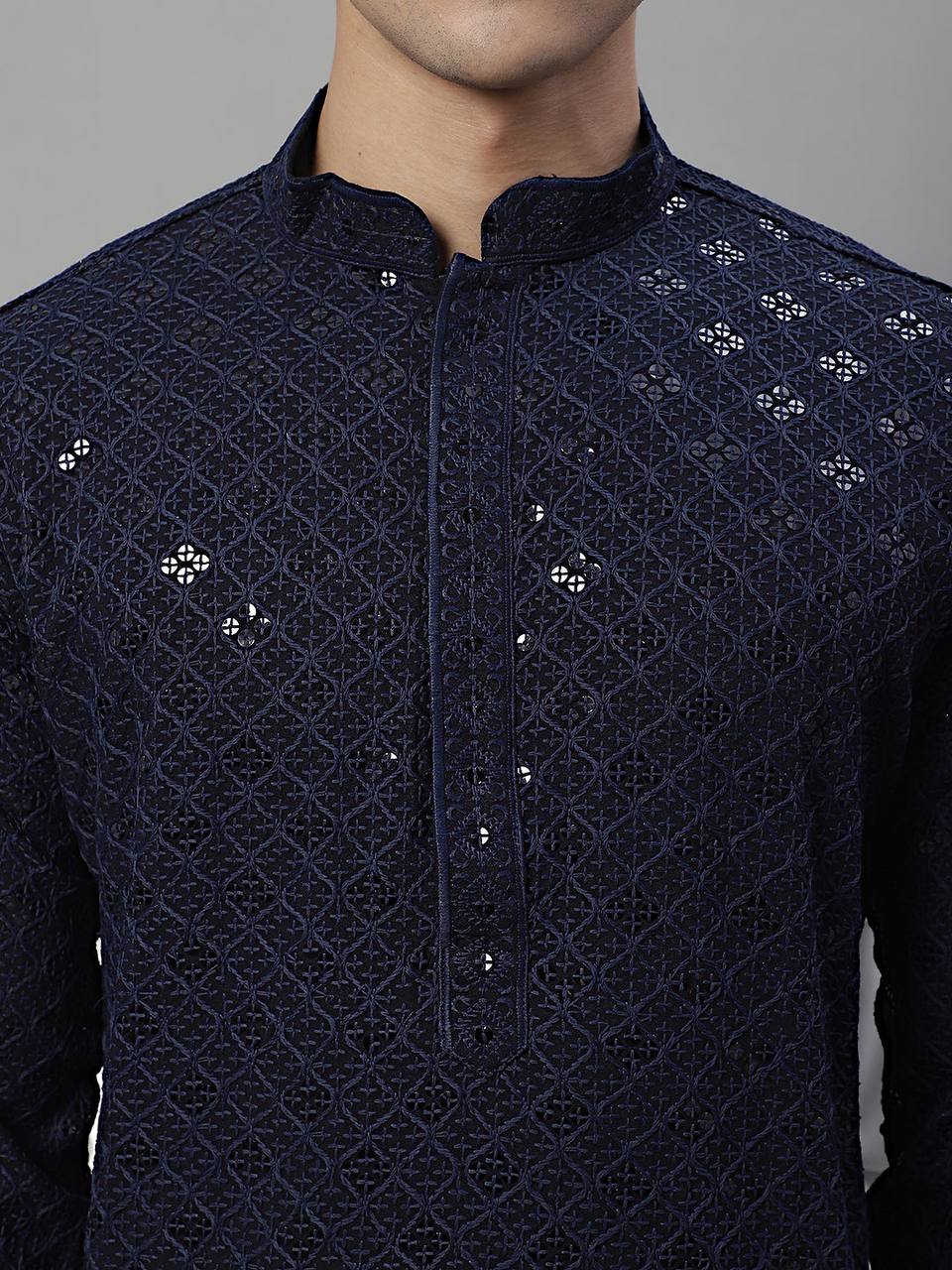 Navy Blue Schiffli Embroidered Work Men's Kurta with Pajama