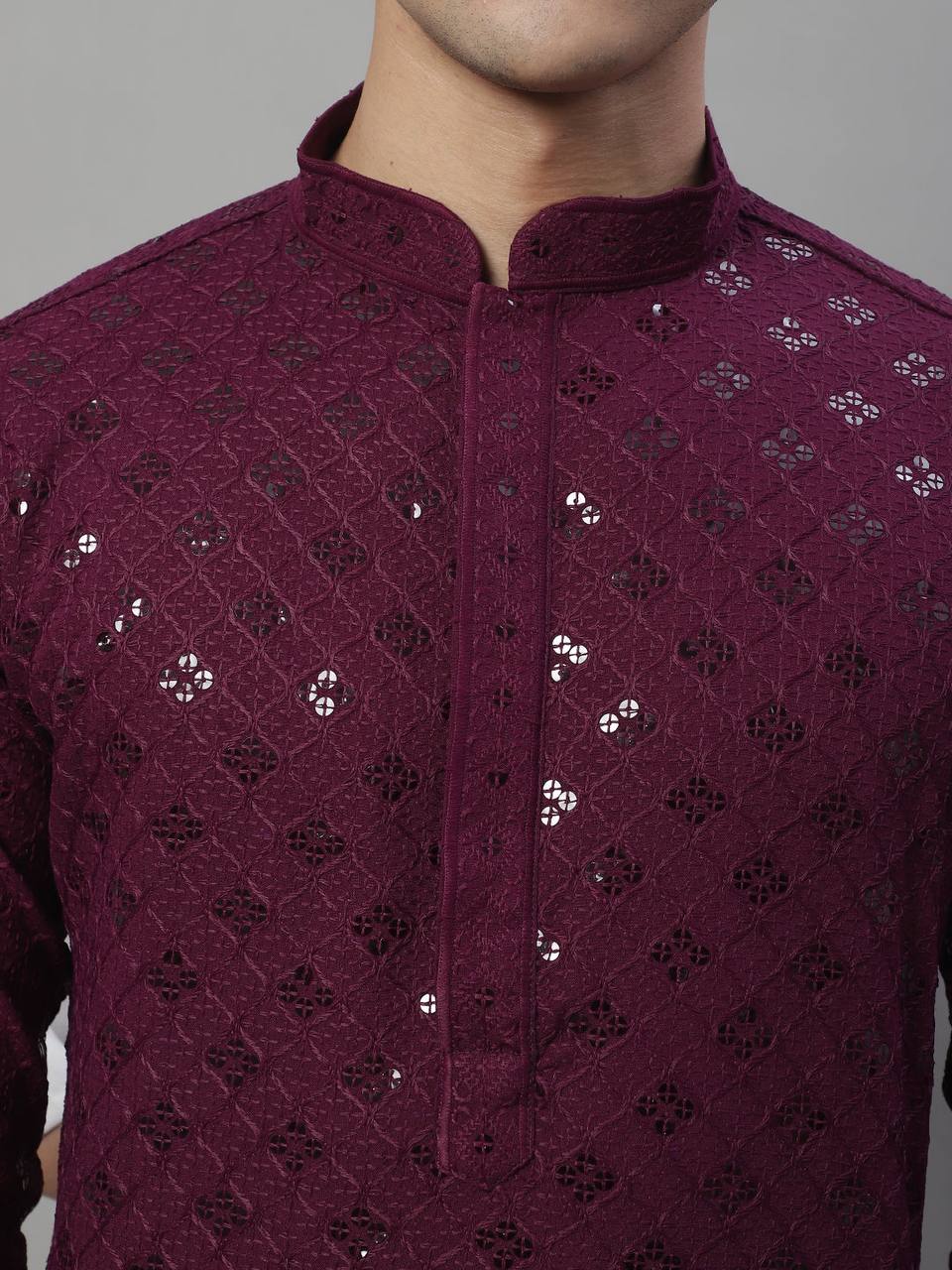 The Wine Schiffli Embroidered Work Men's Kurta with Pajama
