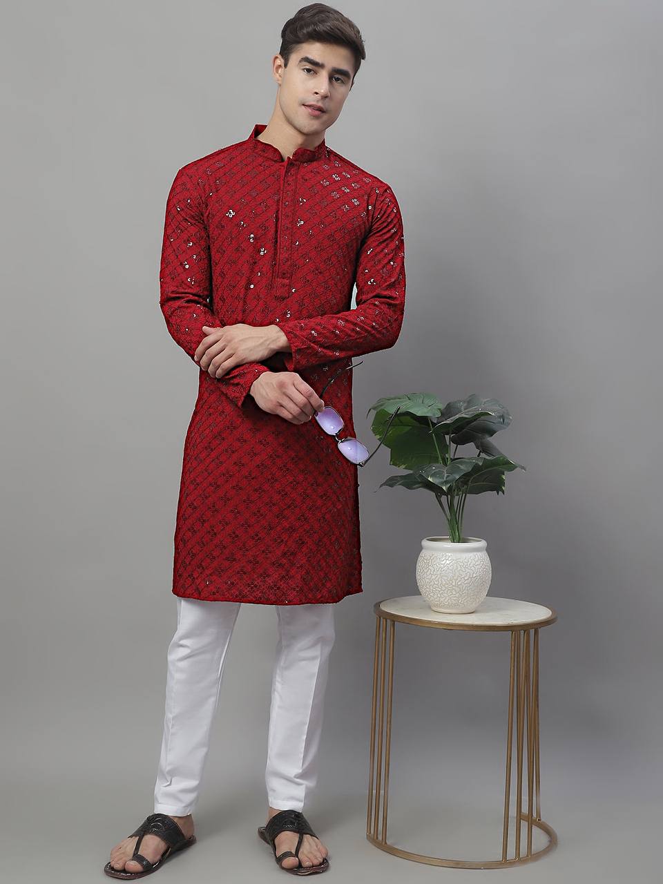 The Red Schiffli Embroidered Work Men's Kurta with Pajama