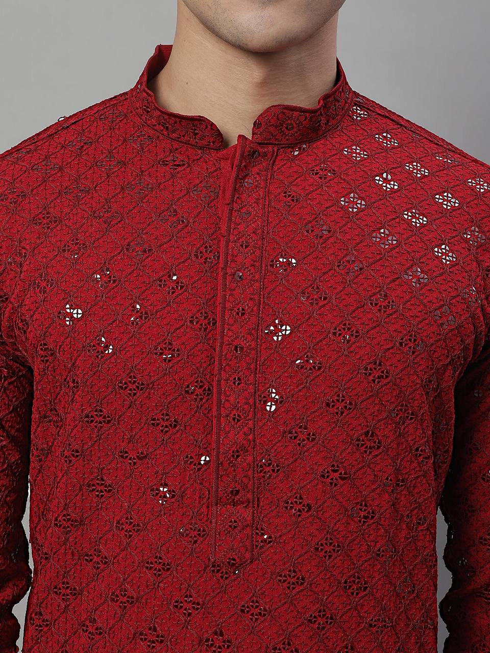 The Red Schiffli Embroidered Work Men's Kurta with Pajama