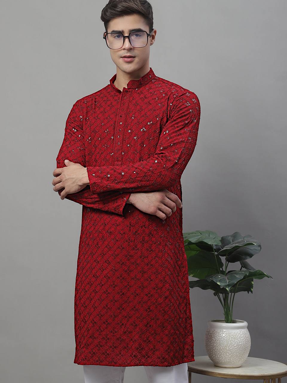 The Red Schiffli Embroidered Work Men's Kurta with Pajama