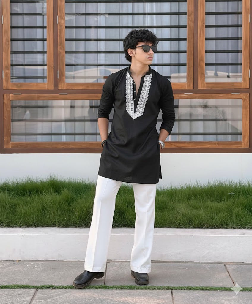 BLACK V NECK EMBROIDERED THRED KURTA WITH PAJAMA