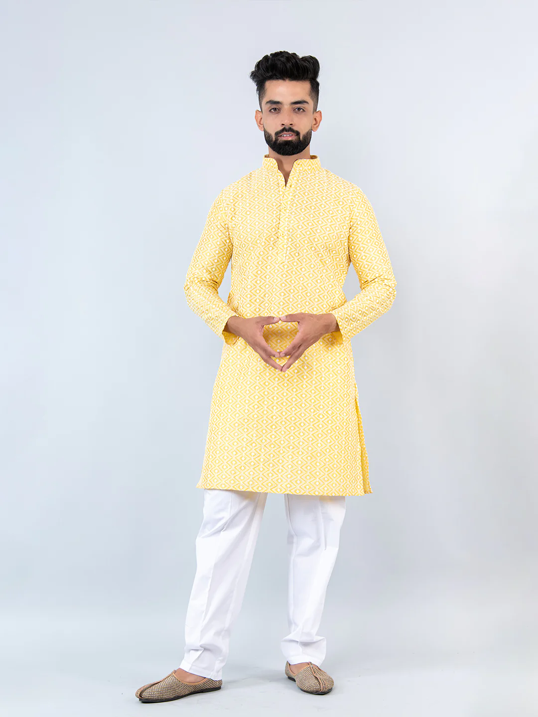 The Light Yellow Schiffli Embroidered Work Men's Kurta with Pajama