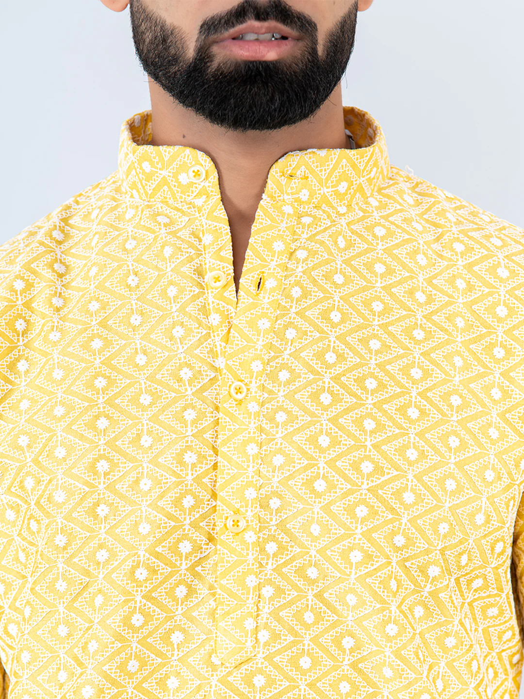 The Light Yellow Schiffli Embroidered Work Men's Kurta with Pajama