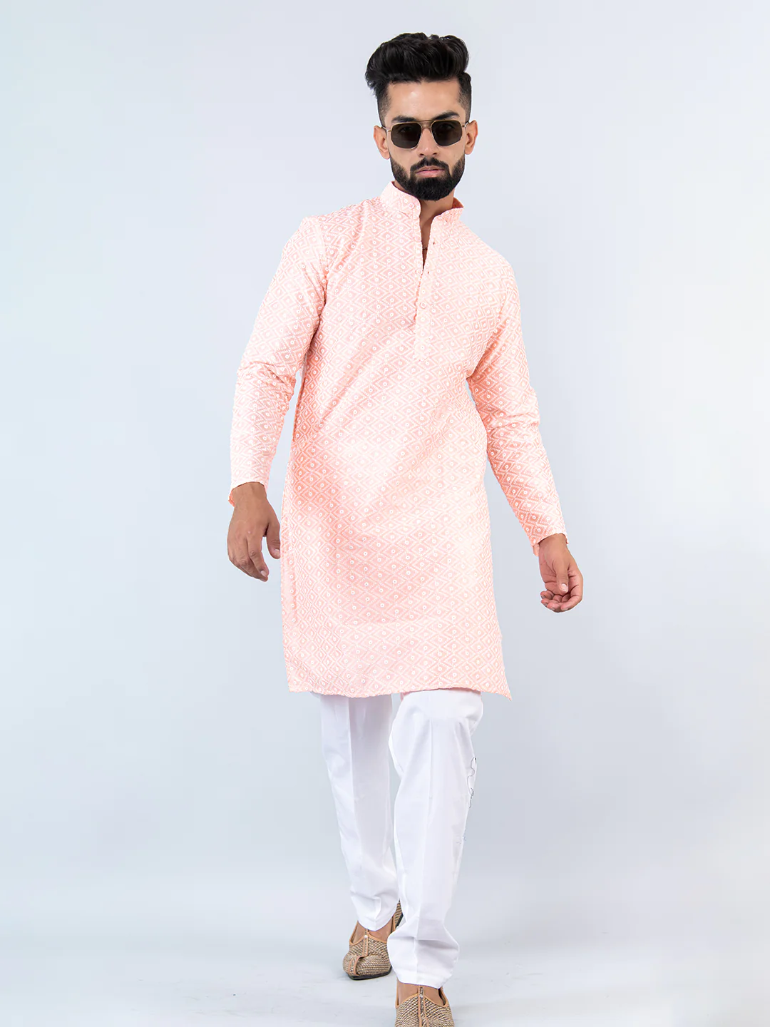 The Peach Schiffli Embroidered Work Men's Kurta with Pajama