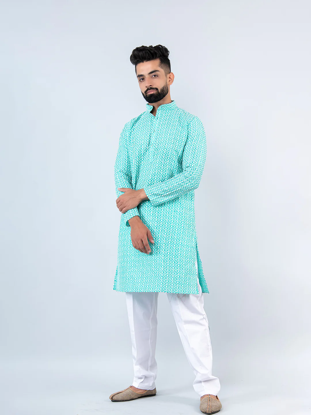 Sky Blue Schiffli Embroidery Work Kurta With Pajama