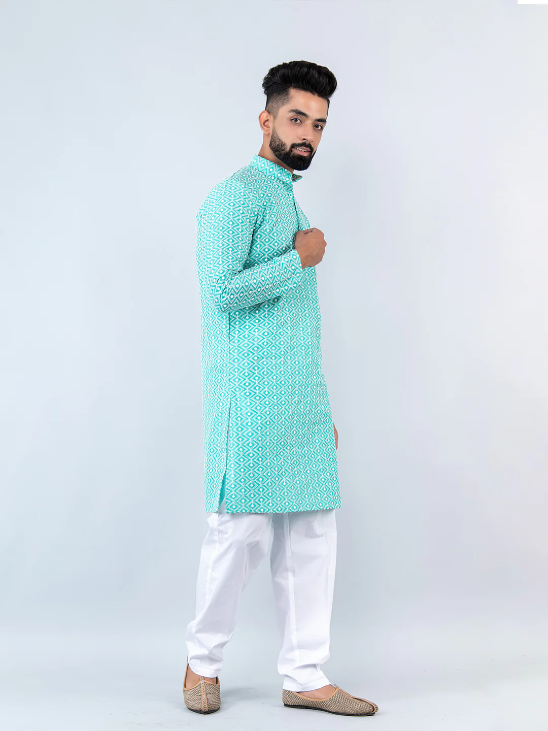 Sky Blue Schiffli Embroidery Work Kurta With Pajama
