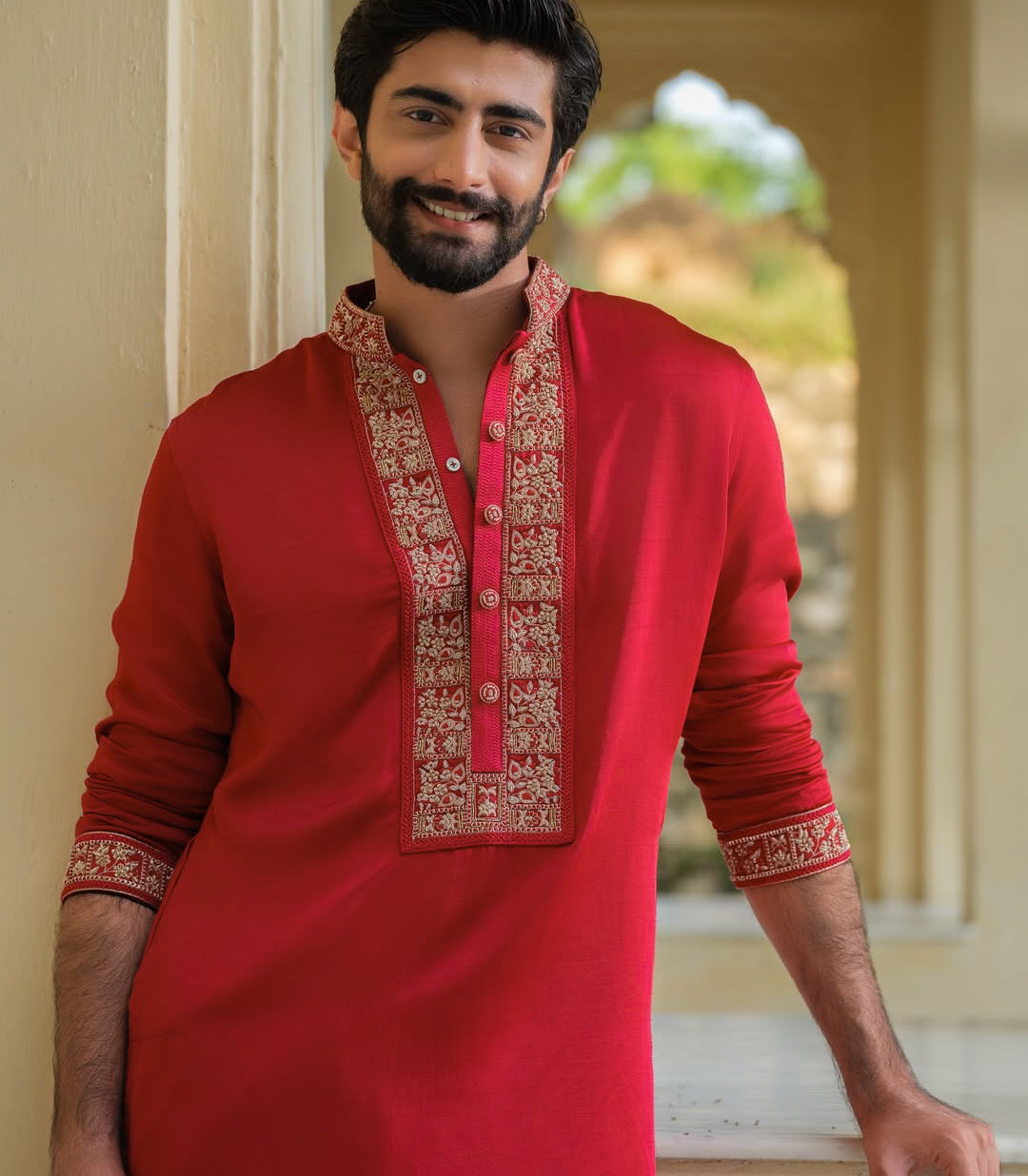TRENDY RED NECK EMBROIDERY KURTA PAJAMA SET